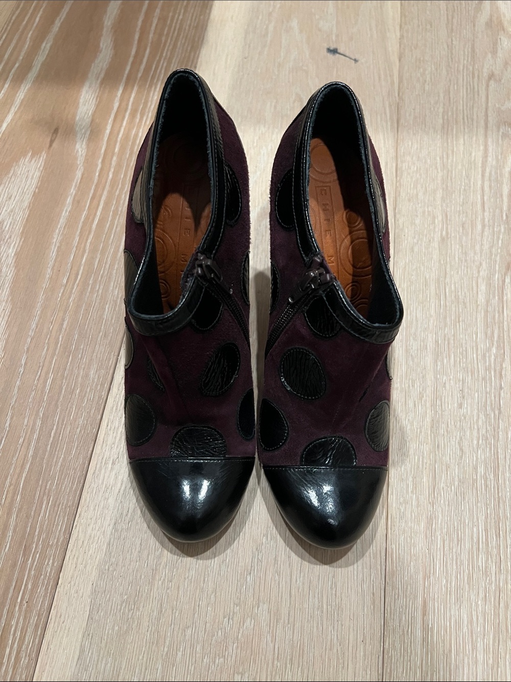 Chie Mihara Burgundy Suede Polka Dot Mary Jane Booties with Black Patent Toe
